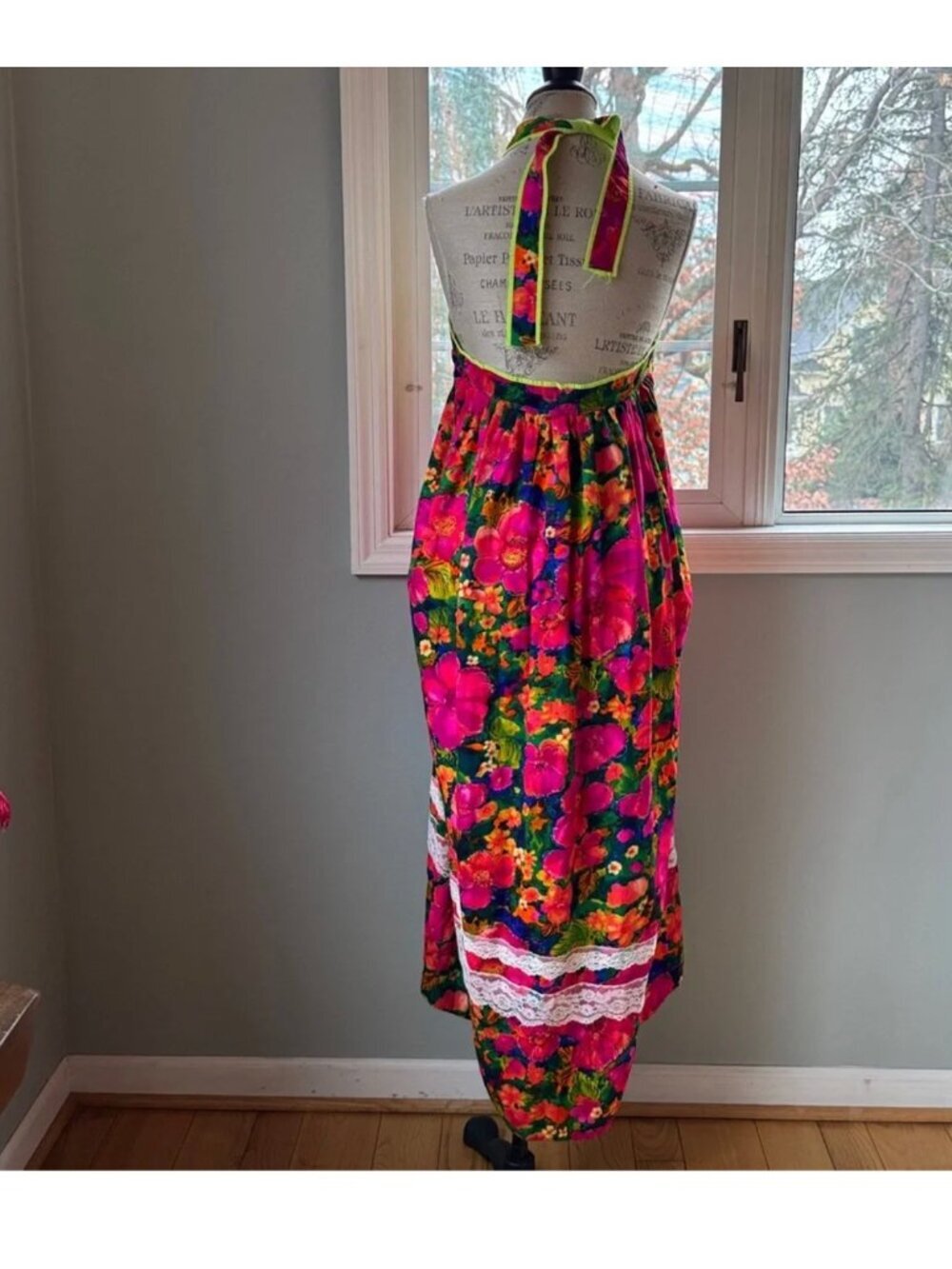 Handmade vintage psychedelic Dayglow floral bark cloth halter dress midi S/M - Picture 6 of 10